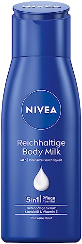 NIVEA Reichhaltige Body Milk Mini (75 ml), intensiv pflegende Körpercreme mit Mandelöl natürlichen Ursprungs, Lotion mit Tiefenpflege Serum und Vitamin E für 48h Feuchtigkeit im Sale