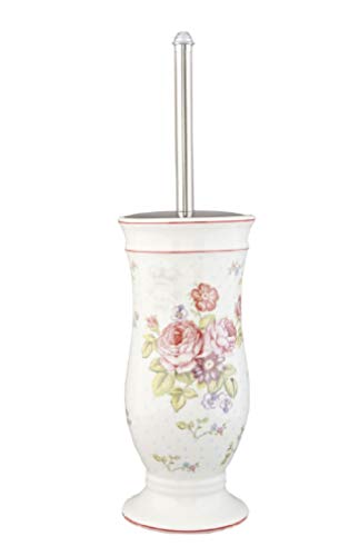 Clayre & Eef 62821 WC-bürste/Toilettenbürstenhalter Landhausstil Romantisch Rosen Design Weiss/Rosa Ø 12 * 26 cm Badzubehör Toilettenzubehör