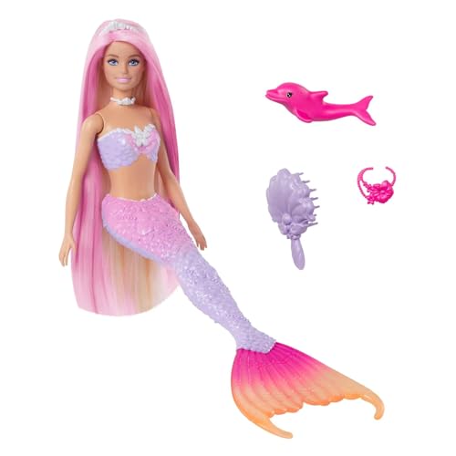 BARBIE Meerjungfrau-Puppe - Inspiriert von der Fernsehserie Barbie Ein verborgener Zauber, mit Farbwechseleffekt und Zubehör, 19 cm lange pinke Haare zum Stylen, für Kinder ab 3 Jahren, HRP97 im Sale