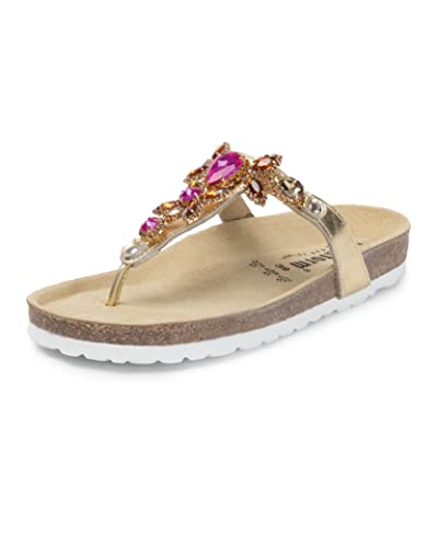 VITAFORM Pantolette für Damen mit feinen Schmuckdetails | Zehentrenner aus Softnappaleder | Farbenspiel aus Orange, Pink und Gold | Sommerschuhe modisch und bequem | im Sale