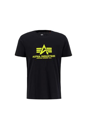 Alpha Industries Herren Basic Print T-Shirt, Black/Neon Yellow, im Sale