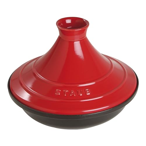 STAUB Tajine, 28 cm, Gusseisen, mit Deckel aus Keramik, für traditionelle marokkanische Gerichte, Schwarz/Kirschrot