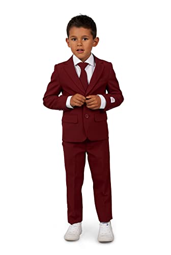 OppoSuits Jungen Blazing Burgund Einfarbiger Anzug - Abschlussball- und Hochzeitsfeier-Outfit - Inklusive Blazer, Hose und Krawatte - Rot