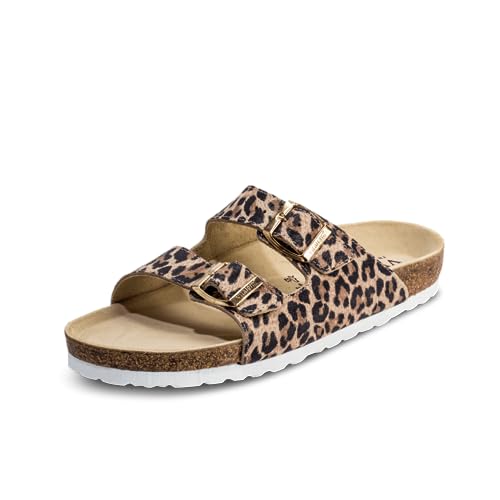 VITAFORM Pantoletten für Damen und Herren | Animal Print | Vollrind-Leder | Dämpfendes Luftpolster Fussbett | Reinstes Naturkork | Weite H | Schlangen-Muster | im Sale