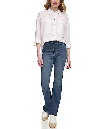 DKNY Women's Button Down Blouse Tunic Shirt, White, im Sale