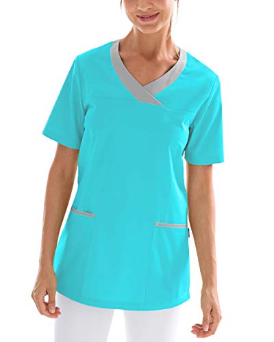 CLINIC DRESS Schlupfkasack Damen-Kasack für die Pflege 1/2 Arm V-Ausschnitt 2 Seitentaschen mit Passennaht 50% Baumwolle 60 Grad Wäsche curaçao/grau 40 im Sale