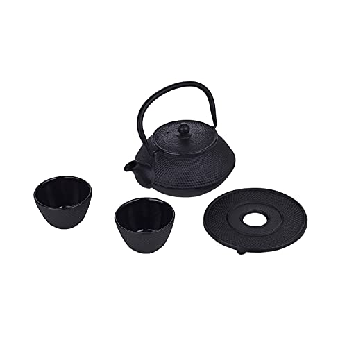 LAGUIOLE - LAGUIOLE Teekanne aus Gusseisen, innen schwarz emailliert, Infusor, traditionelles Teapot-Set aus Eisen, Tablett aus Gusseisen und 2 japanische Teetassen, Schwarz, 800ml