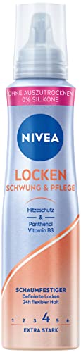 NIVEA Locken Schwung & Pflege Schaumfestiger Extra Stark (150 ml), pflegender Haarschaum mit Hitzeschutz, Panthenol & Vitamin B3, Lockenschaum mit 24h Halt (Haltestufe 4)