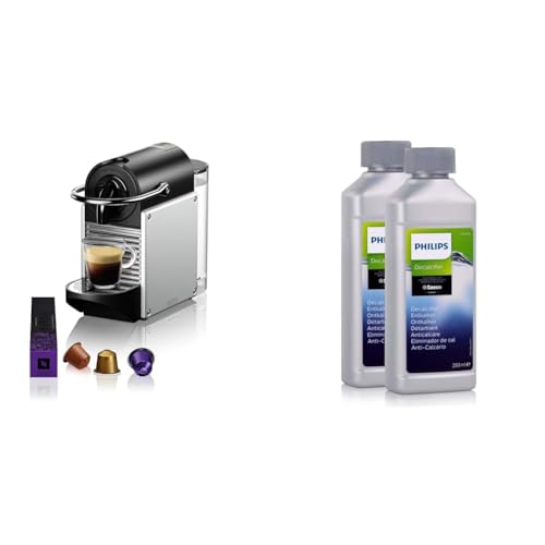 Nespresso De'Longhi EN 124.S Pixie Silber Kaffeekapselmaschine | 1260W & Philips Universal Flüssig-Entkalker für Kaffeevollautomaten, Vorteilspack, 0.5 Liter, 6 x 6 x 16 cm, Grau