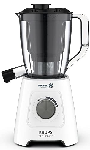 Krups KB42Q1 Blendforce 2in1 Standmixer | 600 Watt | 6 Messer Powelix-Technologie | 2 Geschwindigkeiten+Pulse | Ice Crush-Funktion | inklusive: Mixbehälter, Entsafterbehälter, Saftbehälter | Weiß/Grau