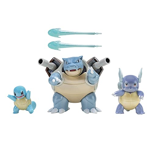 Pokemon PKW2773 Auto Set Select Evolution 3er-Pack – mit 5,1 cm Spritzteller, 7,6 cm Wartortle und 11,4 cm Blastoise Battle Figuren – authentische Details