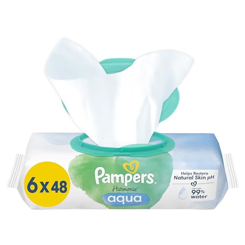 Pampers Harmonie Aqua Baby Feuchttücher (6 x 48), sanfter Hautschutz für zarte Haut mit 99% Wasser, 288 Tücher