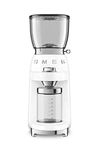 SMEG, Kaffeemühle CGF01WHEU, konisches Edelstahlmahlwerk, 30 Mahlgrad Einstellungen, 350 g Kaffeebohnenbehälter, Premium Aluminium-Druckgussgehäuse, 150W, Weiß im Sale