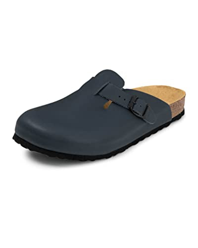 VITAFORM Clogs für Damen und Herren| Extra-Breiter Hausschuh | Pantolette aus Vollrind-Leder | Arbeitsschuhe handgefertigt | Blau im Sale