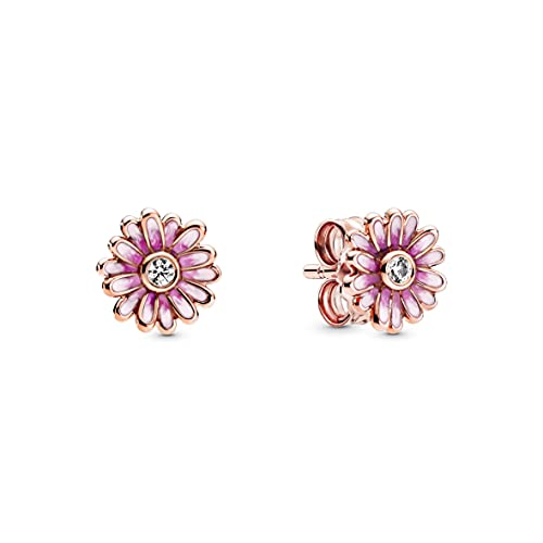 PANDORA Moments rosafarbene Gänseblümchen Ohrringe aus 14 Karat Rosévergoldeterr Metalllegierung mit einem in der Mitte besetzten klaren Cubic Zirkonia und rosafarbener Emaille