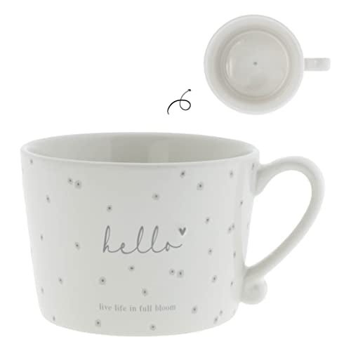 BC Tasse mit Henkel hello live life in full bloom Keramik weiß grau Keramikgeschirr Küche gedeckter Tisch BC Cup