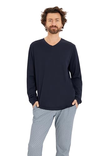 Rösch Herren Langer Pyjama mit Minimalprint Blau V-Ausschnitt 100% Baumwolle 1667312 54 12560 im Sale