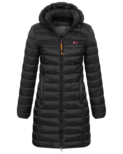 Geographical Norway Damen Winter Jacke Steppjacke Parka Lange Kapuzenjacke Steppmantel Outdoor abnehmbare Kapuze, Farbe:Schwarz, im Sale