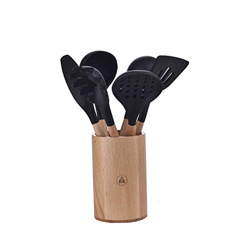 LAGUIOLE 5 x Ustensiles de Cuisine - Écumoire, Louche, Spatule, Pinceau à badigeonner, Cuillère à spaghetti, Friture, Sauce- Antiadhésif- Noir - Silicone - Bois clair