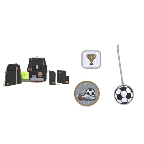 LÄSSIG 7-teiliges Schulranzen Set Kinder/School Set Boxy Unique Schwarz & Anhänger und Patches Set (3 STK.) mit Druckknopf/School Patches Set Football im Sale