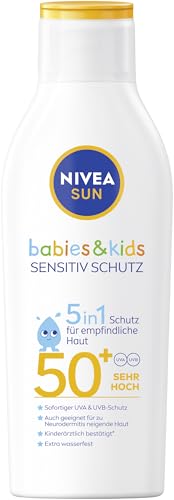 NIVEA SUN Babies & Kids Sensitiv Schutz Sonnenmilch LSF 50+ (200 ml), extra wasserfeste Sonnencreme mit LSF 50+, Sonnenlotion für Kinder ohne Parfüm