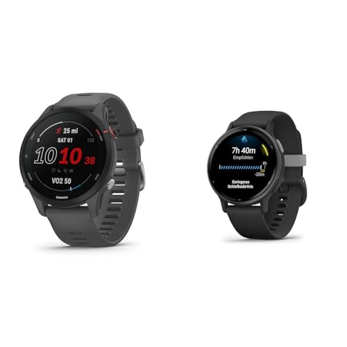 Garmin Forerunner 255 – GPS-Laufuhr mit individuellen Trainingsplänen & Vivoactive 5 AMOLED GPS Smartwatch mit Fitness- und Gesundheistfunktion, Musik, Schwarz/Schiefergrau mit Silikonarmband im Sale