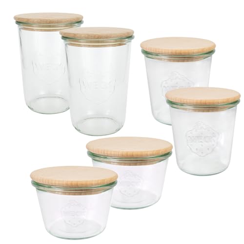 Weck Gläser Set (6 Einmachgläser, 2x 250 ml, 2x 500 ml, 2x 750 ml mit Holzdeckel, zum Einmachen/Aufbewahren von Lebensmitteln) 79213 im Sale