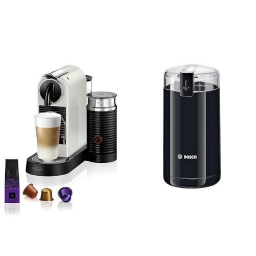 NESPRESSO De'Longhi Citiz EN267.WAE Kaffeekapselmaschine mit Milchaufschäumer, 1710W,1 L, ‎37.2 x 21.8 x 27.7 cm, Creme-weiß & Bosch Hausgeräte TSM6A013B Kaffeemühle, Schwarz