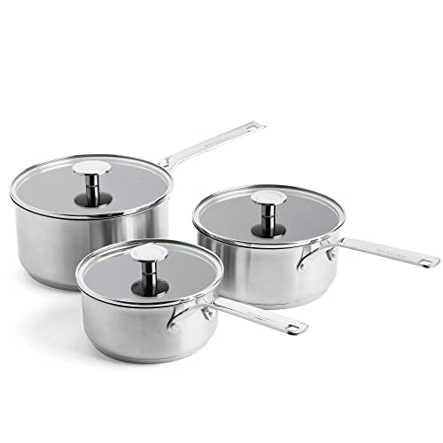 KitchenAid Stainless Steel PFAS-Free Ceramic Non-Stick 16 cm, 18 cm and 20 cm Saucepan Set with Lids, Clad, Induction, Oven Safe, Silver im Sale