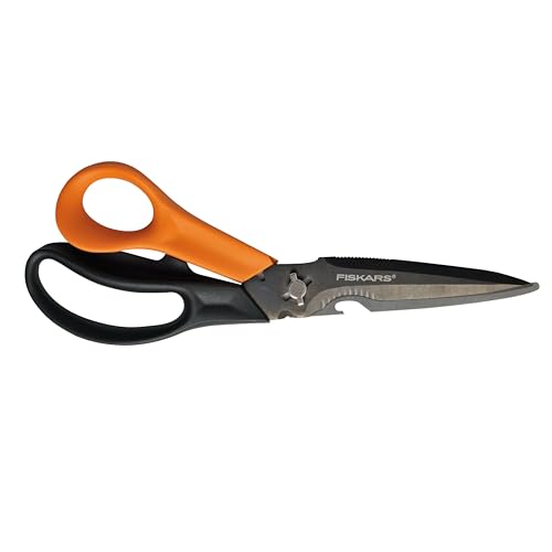 Fiskars Mehrzweckschere mit trennbaren Klingen, Inkl. Schutzhülle mit Scherenschärfer, Länge 23 cm, Titaniumbeschichtung, Rostfreie Stahlklinge/Kunststoff-Griffe, Schwarz/Orange, Cuts + More, 1000809 im Sale