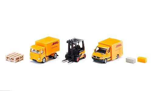 siku 6335, Geschenkset DHL Logistik, inkl. LKW, Gabelstapler, Paket-Lieferwagen, Paletten und Pakete, Metall/Kunststoff, Gelb, Bewegliche Teile