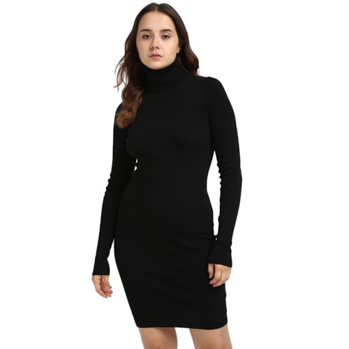 Calvin Klein Damen Pullover-Kleid Woven Label Tight Sweater Dress mit Rollkragen, Schwarz (Ck Black), im Sale