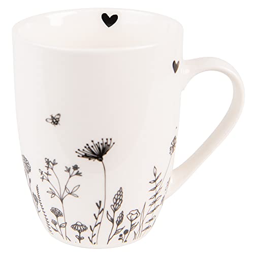 Clayre & Eef Tasse 300 ml Beige Schwarz Porzellan Blumen Teebecher