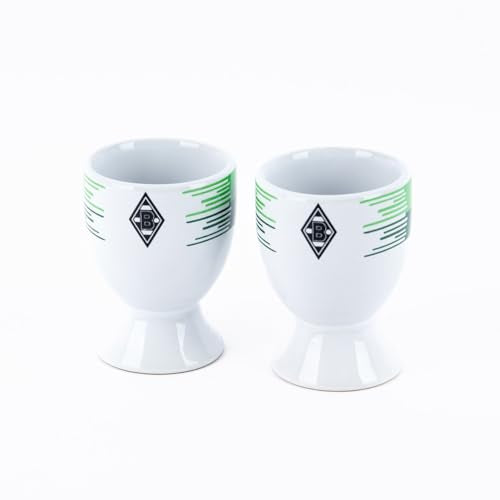 Borussia Mönchengladbach Eierbecher 2er Set Streifen | Offizieller Fanartikel Fohlenshop | weiße Eierbecher aus Keramik in den Vereinsfarben mit der VfL Raute