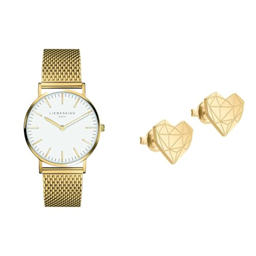 Liebeskind Damen Analog Quarz Uhr mit Edelstahl, IP Gold-weiß & Damen-Ohrstecker Edelstahl LJ-0308-E-11 im Sale