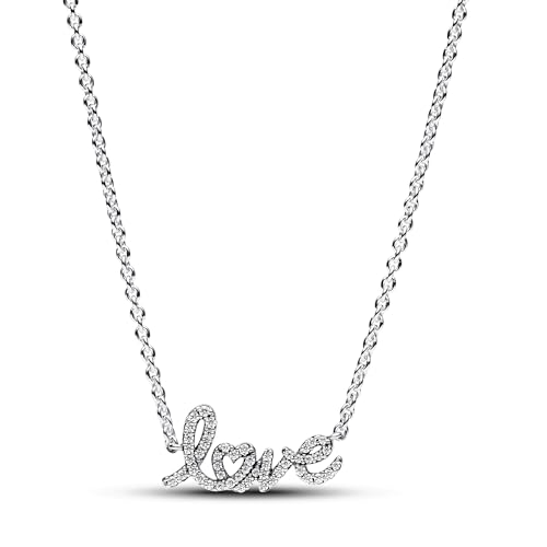 PANDORA Moments Funkelnde Handgeschriebenes Love Collier-Halskette aus Sterling Silber mit Zirkonia, Länge: 45cm, 393076C01-45 im Sale