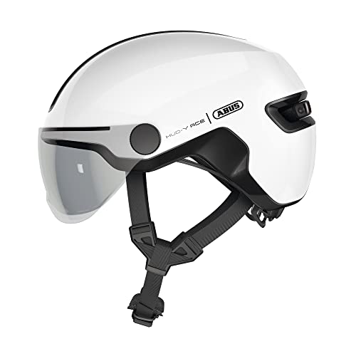 ABUS Stadthelm HUD-Y ACE - stylischer Fahrradhelm mit Visier und magnetischem, aufladbarem LED-Rücklicht - für Damen und Herren - Weiß Glänzend, im Sale