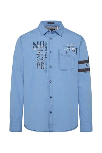 Camp David Herren Fil à Fil Langarmhemd mit Label-Applikationen Strong Blue im Sale