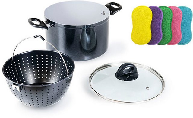 Genius Spaghettitopf Cerafit Magic Pot, (Set, 8-tlg., Pot, ⌀ 20 cm, Sieb, ⌀ 20 cm, Glasdeckel, ⌀ 20 cm, Schwämme 5tlg), direkt entnehmbares Sieb, Induktion