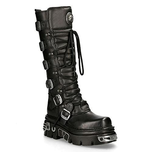 New Rock 272-S1 Gothic Emo Kniehohe Stiefel Aus Schwarzem Leder Mit Spitze und Schnallenverschluss 43 im Sale