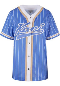 Thumbnail for Karl Kani Damen KW241-029-1 Varsity Pinstripe Baseball Shirt M Purple/White