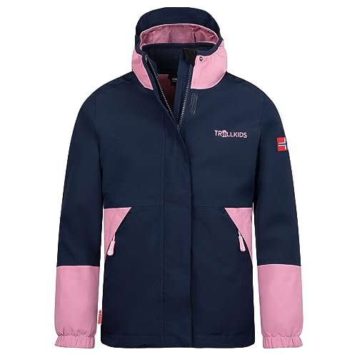 Trollkids wasserdichte atmungsaktive Kinder 3in1 Jacke mit verstellbarer Kapuze und Strickfleece-Innenjacke KJERAK, Marine/Mauve, Größe 152 im Sale