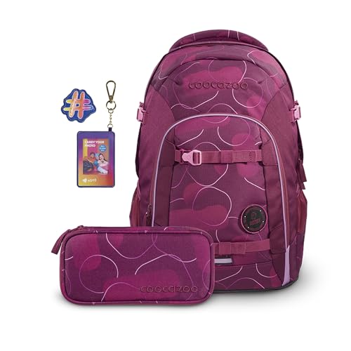 coocazoo Schulrucksack-Set Joker „Berry Bubbles & Follow Me“ 3-teilig, lila-rosa, ergonomischer 25L Tornister, mit Brust- und Hüftgurt für Kinder ab der 5. Klasse, inkl. Mäppchen und Colour UP-Set im Sale