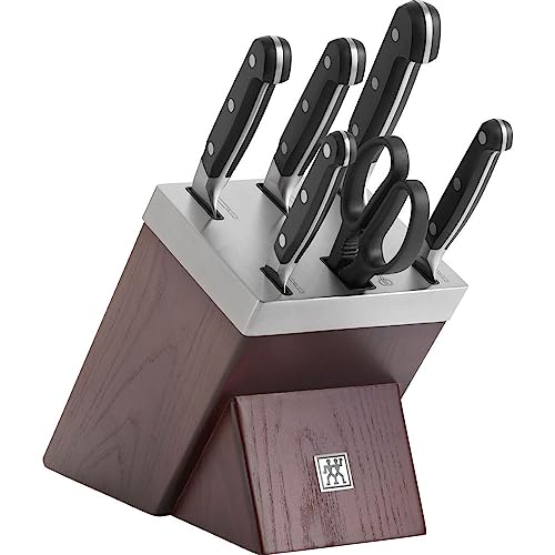 ZWILLING Pro selbstschärfender Messerblock, 7-tlg., Esche, Messer und Schere aus rostfreiem Spezialstahl, 3-Nieten-Design, Braun im Sale