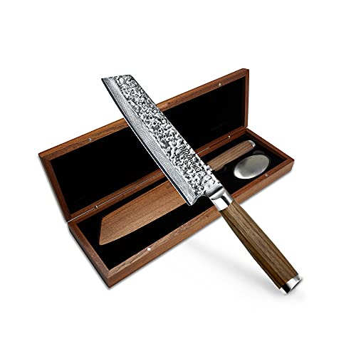 adelmayer® Profi Kiritsuke Damast Küchenmesser 18 cm extrem scharfe Klinge aus japanischem Damaststahl mit Walnussgriff und Wildledertuch