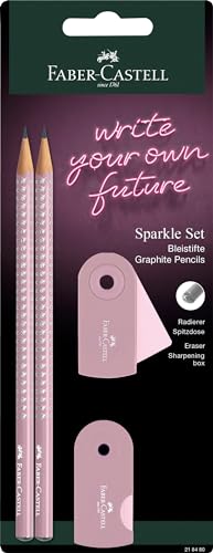 Faber-Castell 218480 - Bleistifte Set Sparkle, mit Spitzer, Radiergummi und 2 Bleistifte, Schreibset Sleeve in rose shadow