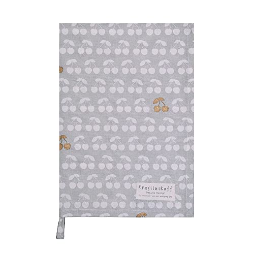 Krasilnikoff Tea Towel, Cherries Gold, Grey, 50 x 70 cm