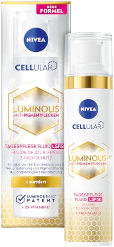 NIVEA Cellular LUMINOUS630® Anti-Pigmentflecken Tagespflege Fluid (40 ml), mattierende Gesichtspflege mit LSF 50 und Vitamin E, Fluid mit 3-fach Schutz für ein ebenmäßiges Hautbild