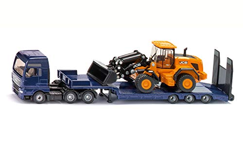 siku 1790, MAN-LKW mit Tieflader und JCB Radlader, 1:87, Metall/Kunststoff, Blau/Gelb, Klappbare Auffahrrampe, Beweglicher Ladearm