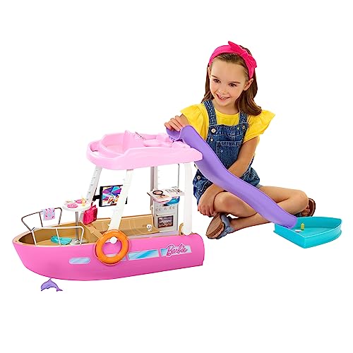 BARBIE Traumboot Spielset - Boot mit Pool und Rutsche, 6 Spielbereiche und über 20 Zubehörteile rund um das Thema Meer, für Kinder ab 3 Jahren, HJV37 im Sale